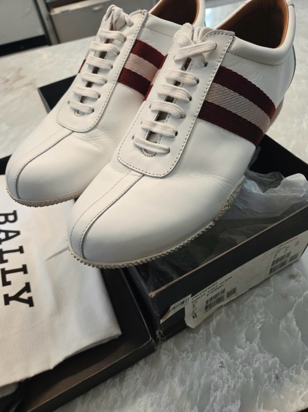 Bally Men’s White Leather Sneakers with Burgundy Stripe